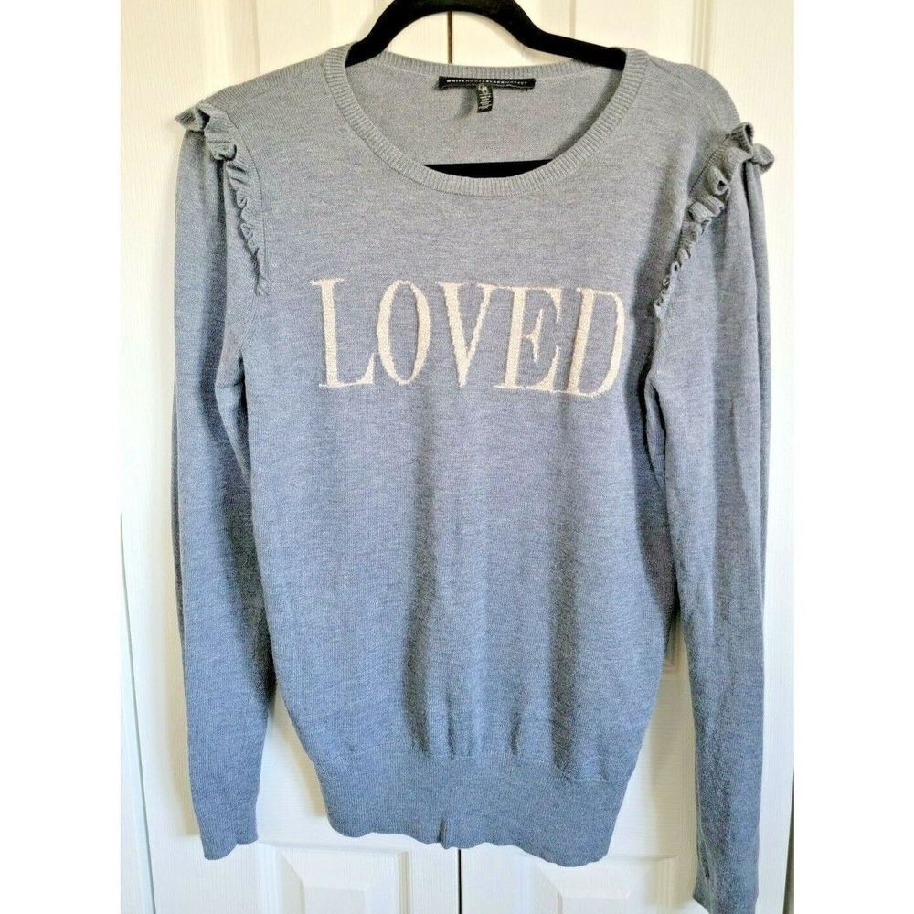 WHBM Gray Cashmere Wool Ruffle Preppy Boho Loved Retro Sweater Medium Long Slv.